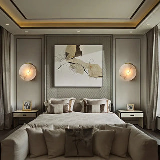 White marble round wall sconce IP65 – gold bracket detail angle