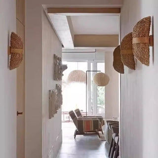 Rattan wall sconce side view E27 15cm beige