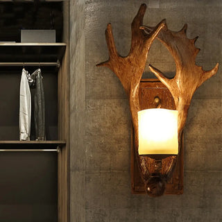 Rustic deer antler wall sconce E27 – frosted glass brown