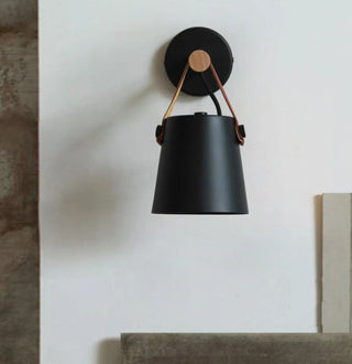 Black wood aluminum sconce installed hallway – natural material light