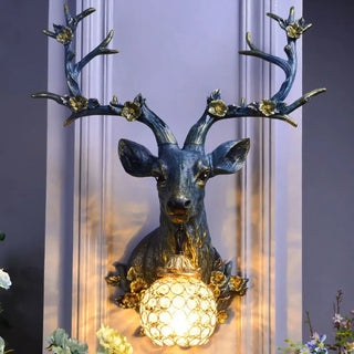 Blue deer head wall lamp – floral art deco metal resin