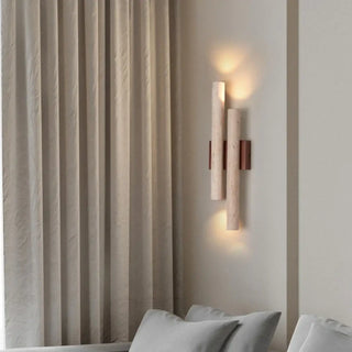 Wooden 2-light wall sconce – side view warm LED glow