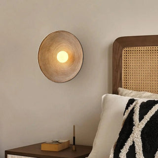 Beige round wall sconce E14 bathroom woven circular disc light