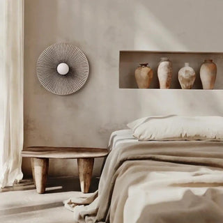 Gray circular wood wall sconce inspired by Mayan design – IP65 outdoor light