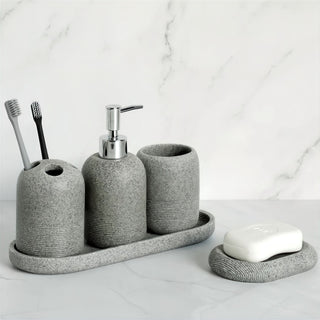 matte modern 5-piece bathroom accessories set soap dispenser tray detail