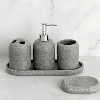 matte modern 5-piece bathroom accessories set soap dispenser tray close-up