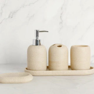 matte modern 5-piece bathroom accessories set soap dispenser tray side view