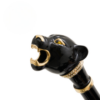Black panther enameled brass handle handmade Italian luxury walking cane side view