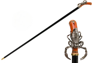 Scorpion handle polished wood shaft handmade Italian luxury walking cane front view