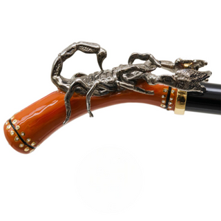 Scorpion handle polished wood shaft handmade Italian luxury walking cane handle detail