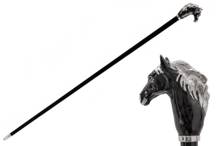 Black horse enameled brass handle rubber tip handmade Italian luxury walking cane front view