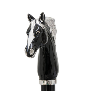 Black horse enameled brass handle rubber tip handmade Italian luxury walking cane close-up
