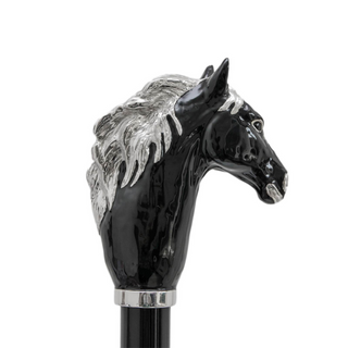 Black horse enameled brass handle rubber tip handmade Italian luxury walking cane handle detail