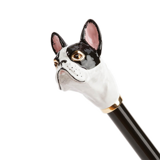 French bulldog enameled brass handle handmade Italian luxury walking cane side view