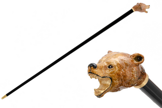 Brown bear brass enameled handle handmade Italian luxury walking cane front view