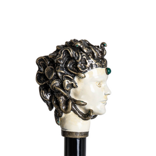 Enameled brass panther handle handcrafted Italian luxury walking cane side view