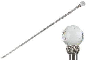 Crystal ball handle silver shaft brass end handmade Italian luxury walking cane front view