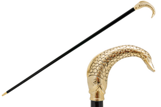 Golden fish handle brass tip handmade Italian designer walking stick front view