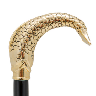 Golden fish handle brass tip handmade Italian designer walking stick side view