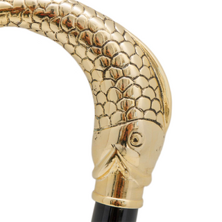 Golden fish handle brass tip handmade Italian designer walking stick handle detail