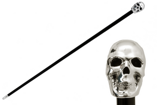 Silver skull handle brass tip wooden shaft handmade Italian luxury walking stick front view