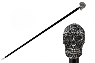 Black Swarovski skull handle handmade Italian luxury walking cane front view