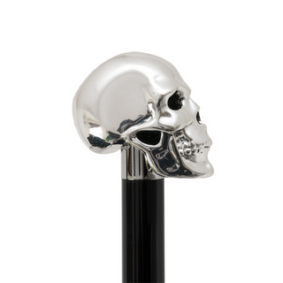 Silver skull handle brass tip wooden shaft handmade Italian luxury walking stick angle view