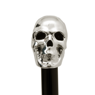 Silver skull handle brass tip wooden shaft handmade Italian luxury walking stick side view