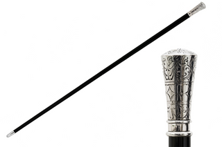 Classic silver handle polished wood shaft brass tip handmade Italian walking cane front view