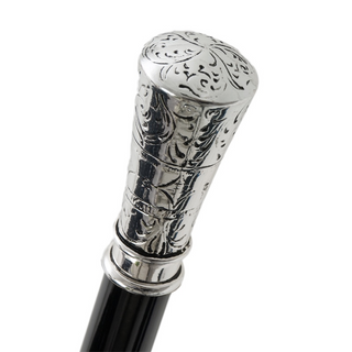 Classic silver handle polished wood shaft brass tip handmade Italian walking cane handle detail