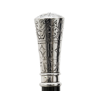 Classic silver handle polished wood shaft brass tip handmade Italian walking cane side view