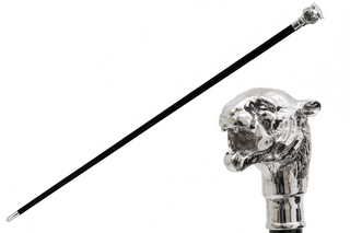 Silver metal tiger head handle handcrafted Italian luxury walking cane front view