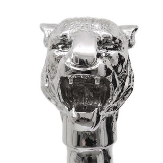Silver metal tiger head handle handcrafted Italian luxury walking cane handle detail