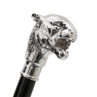 Silver metal tiger head handle handcrafted Italian luxury walking cane side view