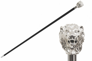 Silver lion handle brass tip wooden shaft handmade Italian luxury walking cane front view