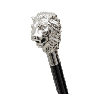 Silver lion handle brass tip wooden shaft handmade Italian luxury walking cane side view