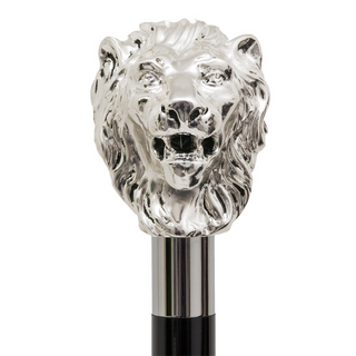 Silver lion handle brass tip wooden shaft handmade Italian luxury walking cane detail