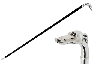 Silver greyhound handle polished wood shaft handmade Italian luxury walking stick front view