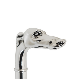 Silver greyhound handle polished wood shaft handmade Italian luxury walking stick side view