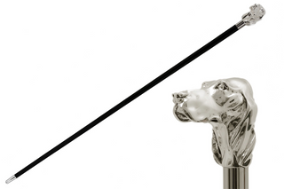 Silver dog handle polished wood shaft brass end handmade Italian luxury walking stick front view