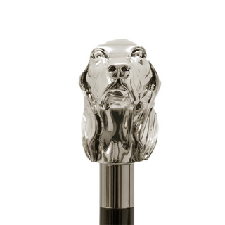 Silver dog handle polished wood shaft brass end handmade Italian luxury walking stick handle detail