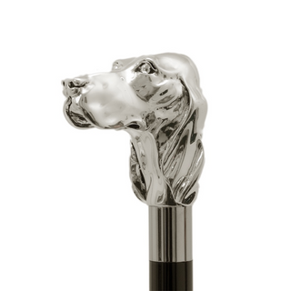 Silver dog handle polished wood shaft brass end handmade Italian luxury walking stick side view