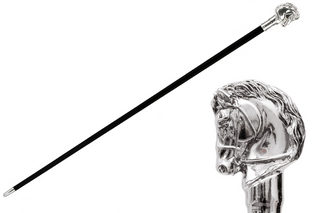 Silver horse metal handle polished wood shaft handmade Italian luxury walking cane front view