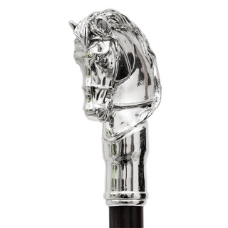 Silver horse metal handle polished wood shaft handmade Italian luxury walking cane handle detail