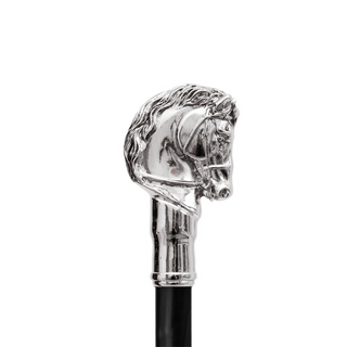 Silver horse metal handle polished wood shaft handmade Italian luxury walking cane side view