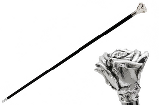 Silver-plated rose handle brass tip handmade Italian luxury walking cane front view