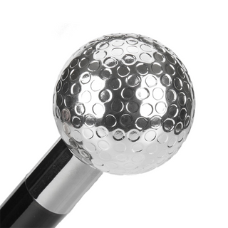 Golf ball silver-plated handle brass tip handmade Italian luxury walking cane side view