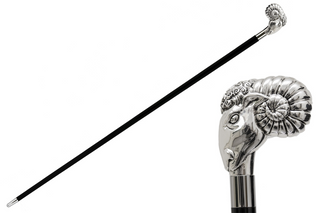Silver ram silver-plated handle polished wood shaft handmade Italian luxury walking cane front view