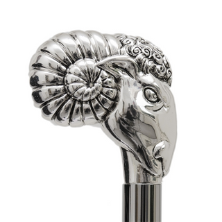 Silver ram silver-plated handle polished wood shaft handmade Italian luxury walking cane handle detail