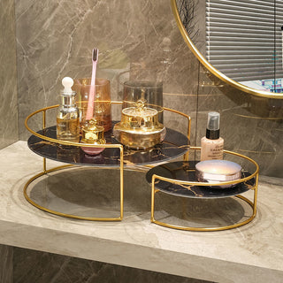 adjustable marble bathroom glass storage rack with metal shelves lifestyle view